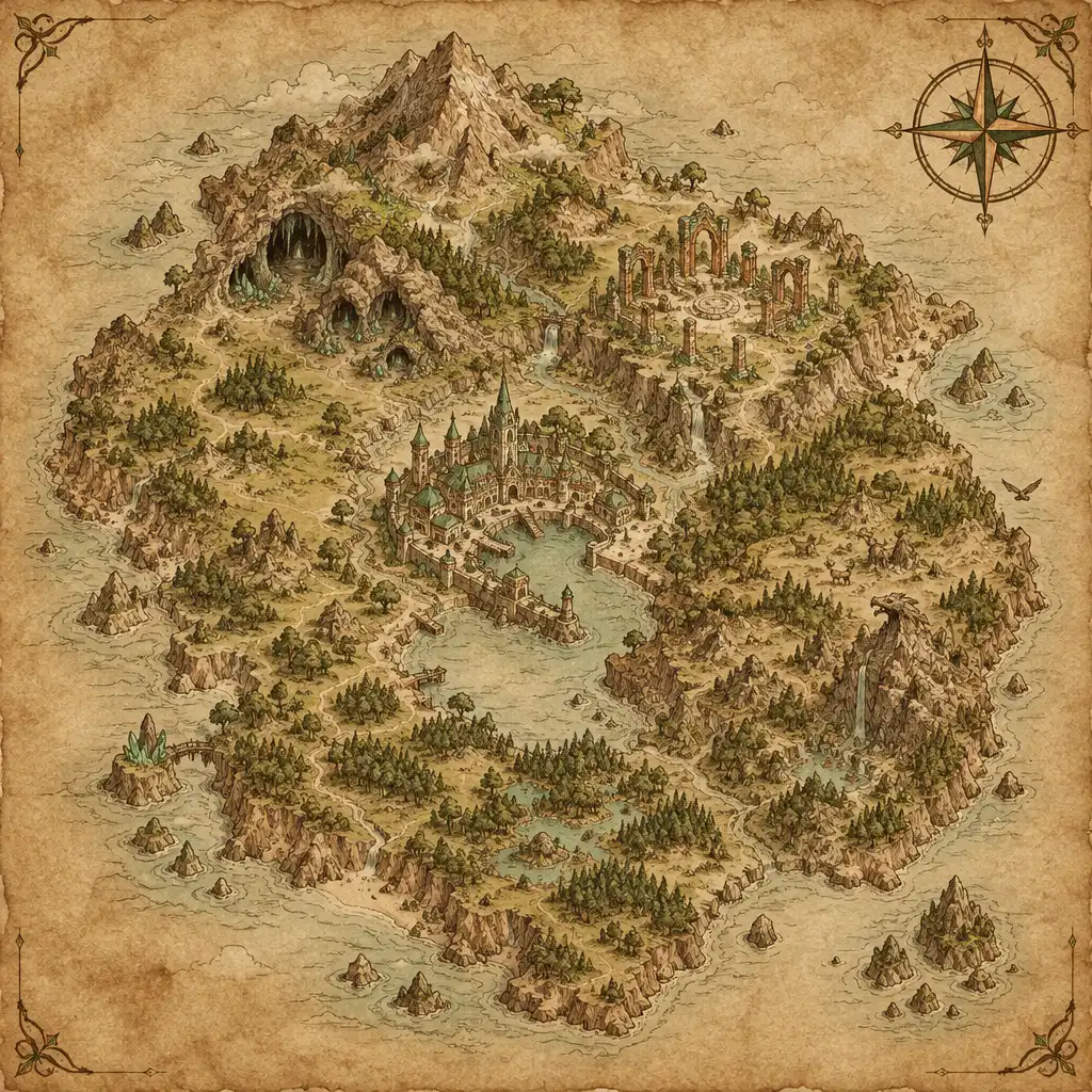 Stylizowana mapa fantasy wyspy Springhold w Solmarii, widok z góry, z zaznaczonymi regionami: miasto Emerisk, jaskinie, starożytne ruiny i tereny dzikie